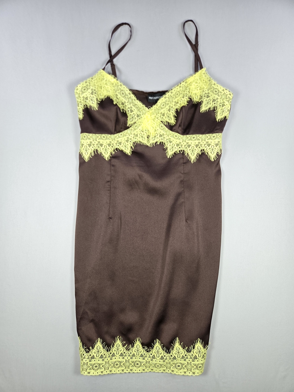 NWT PrettyLittleThing Tall Chocolate Neon Yellow Lace Mini Slip Dress Size 8
